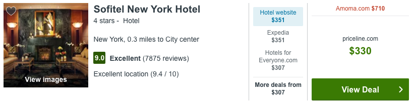 Cost of a One Night Hotel Stay Booking When Connected to Unlocator's US Server